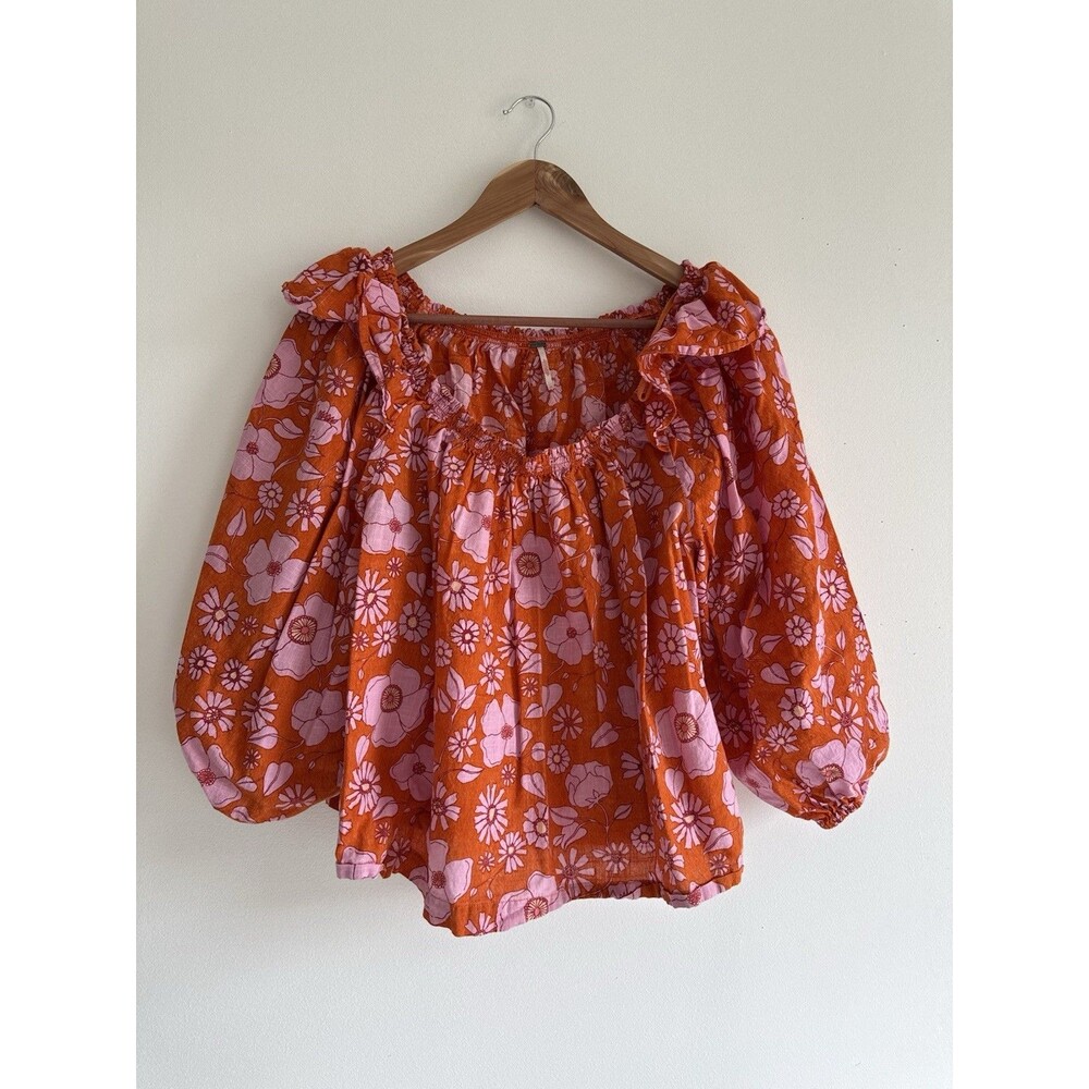 ✿ Free People Floral Peasant Blouse Orange Pink Puff Sleeve US M Boho Top